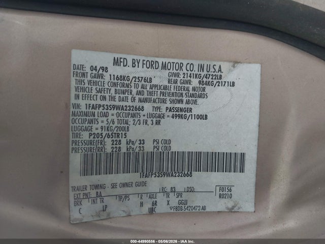 Продаж на аукціоні авто 1998 Ford Taurus Se Comfort, vin: 1FAFP53S9WA232668, номер лоту: 44990556