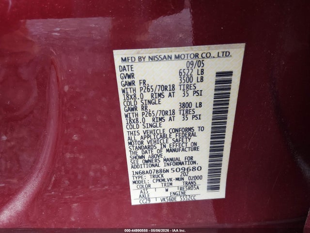 44990558 :رقم المزاد ، 1N6BA07B86N509680 vin ، 2006 Nissan Titan Le مزاد بيع