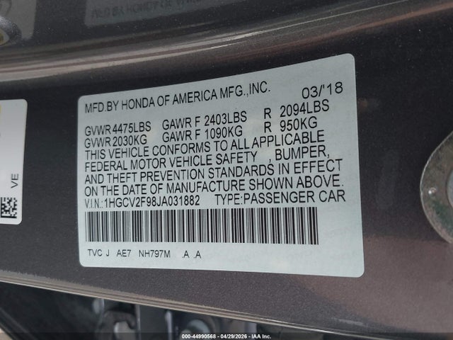 Aukcja sprzedaży 2018 Honda Accord Touring 2.0t, vin: 1HGCV2F98JA031882, numer aukcji: 44990568