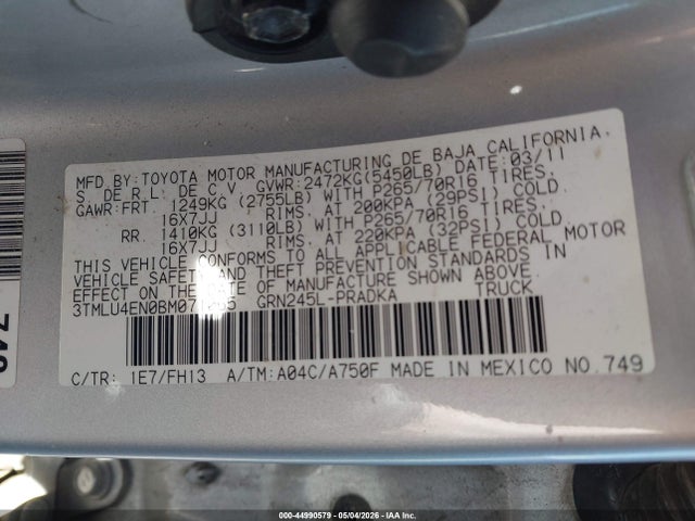 Продажа на аукционе авто 2011 Toyota Tacoma Base V6, vin: 3TMLU4EN0BM071065, номер лота: 44990579
