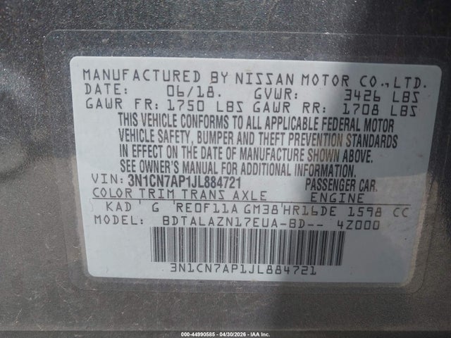 Продаж на аукціоні авто 2018 Nissan Versa 1.6 S+, vin: 3N1CN7AP1JL884721, номер лоту: 44990585