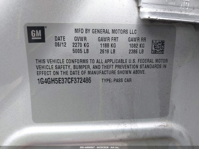 Aukcja sprzedaży 2012 Buick Lacrosse Premium 3 Group, vin: 1G4GH5E37CF372486, numer aukcji: 44990587