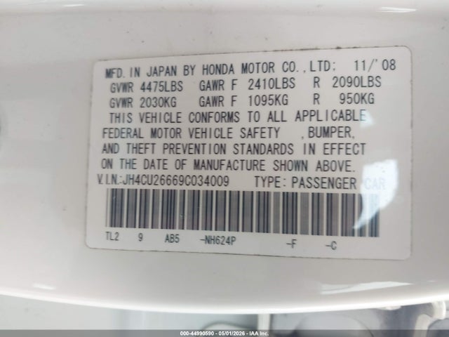 44990590 :رقم المزاد ، JH4CU26669C034009 vin ، 2009 Acura Tsx مزاد بيع