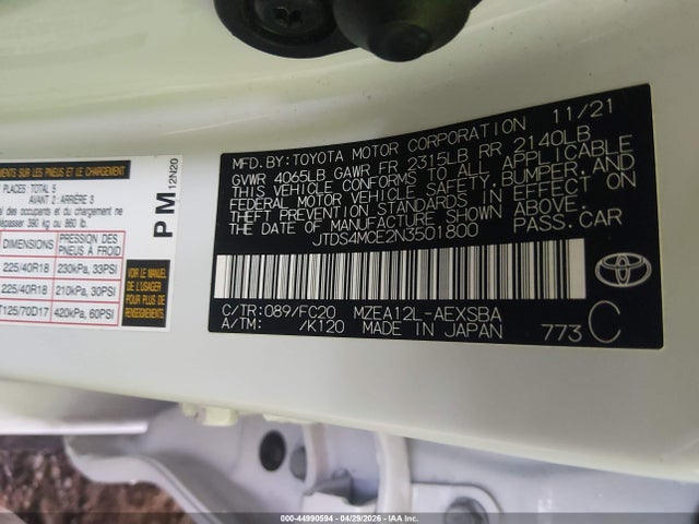 Aukcja sprzedaży 2022 Toyota Corolla Se, vin: JTDS4MCE2N3501800, numer aukcji: 44990594