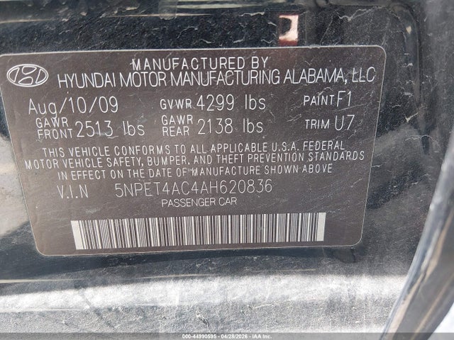 2010 Hyundai Sonata Gls მანქანა იყიდება აუქციონზე, vin: 5NPET4AC4AH620836, აუქციონის ნომერი: 44990595