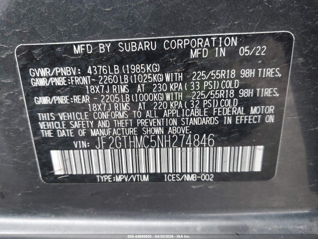 Aukcja sprzedaży 2022 Subaru Crosstrek Limited, vin: JF2GTHMC5NH274846, numer aukcji: 44990600