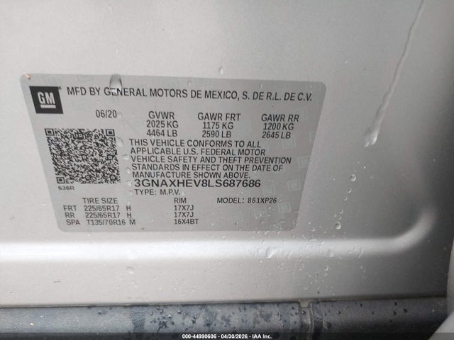 Продаж на аукціоні авто 2020 Chevrolet Equinox Fwd Ls, vin: 3GNAXHEV8LS687686, номер лоту: 44990606