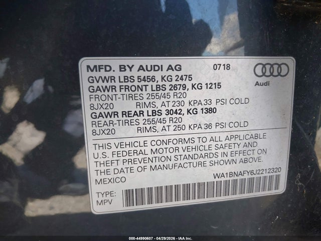 2018 Audi Q5 2.0t Premium/2.0t Tech Premium მანქანა იყიდება აუქციონზე, vin: WA1BNAFY6J2212320, აუქციონის ნომერი: 44990607