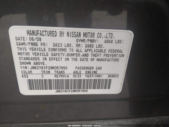 2009 Infiniti G37x მანქანა იყიდება აუქციონზე, vin: JNKCV61F29M357950, აუქციონის ნომერი: 44990620