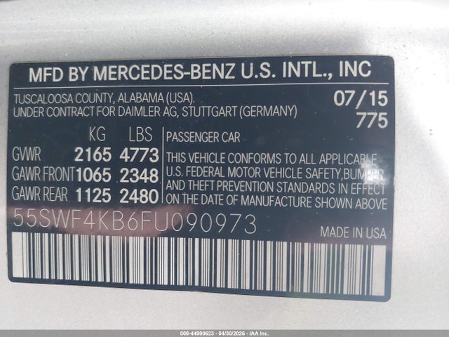 Продажа на аукционе авто 2015 Mercedes-benz C 300 Sport 4matic, vin: 55SWF4KB6FU090973, номер лота: 44990623