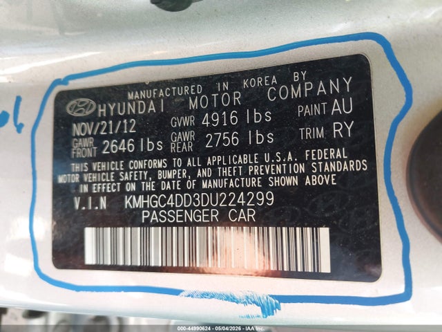 2013 Hyundai Genesis 3.8 მანქანა იყიდება აუქციონზე, vin: KMHGC4DD3DU224299, აუქციონის ნომერი: 44990624