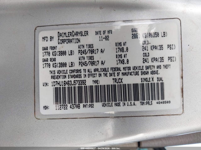 Продажа на аукционе авто 2003 Dodge Ram 1500 Slt/laramie/st, vin: 1D7HU16N63J573392, номер лота: 44990627
