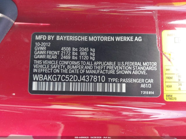 Aukcja sprzedaży 2013 Bmw 335i, vin: WBAKG7C52DJ437810, numer aukcji: 44990628