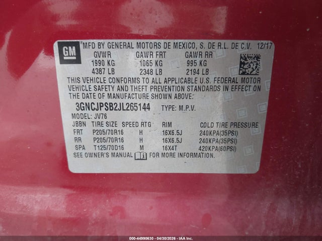 2018 Chevrolet Trax Lt მანქანა იყიდება აუქციონზე, vin: 3GNCJPSB2JL265144, აუქციონის ნომერი: 44990630