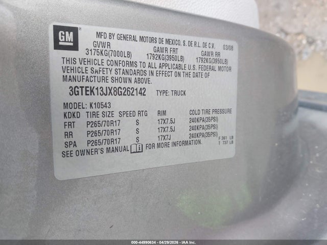 Aukcja sprzedaży 2008 Gmc Sierra 1500 Slt, vin: 3GTEK13JX8G262142, numer aukcji: 44990634