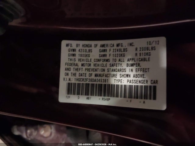 44990647 :رقم المزاد ، 1HGCR2F36DA045381 vin ، 2013 Honda Accord Lx مزاد بيع