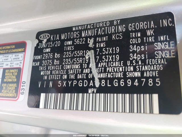 Aukcja sprzedaży 2020 Kia Sorento 3.3l S, vin: 5XYPGDA58LG694785, numer aukcji: 44990652