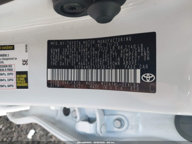 Продаж на аукціоні авто 2026 Toyota Corolla Le, vin: 5YFB4MDE3TP397403, номер лоту: 44990655