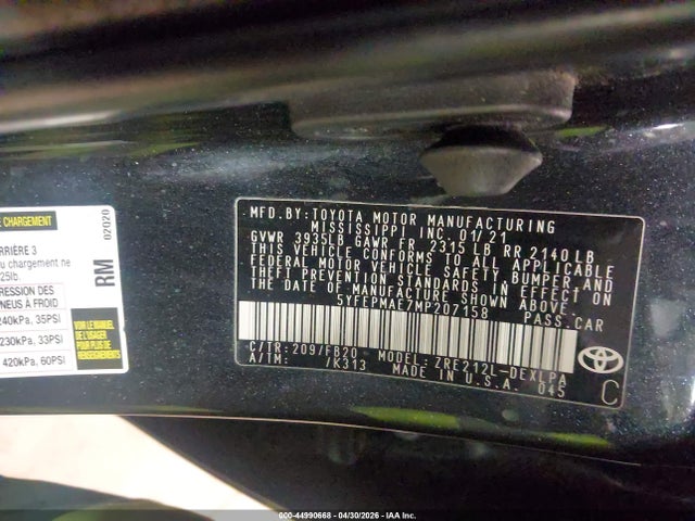 Aukcja sprzedaży 2021 Toyota Corolla Le, vin: 5YFEPMAE7MP207158, numer aukcji: 44990668