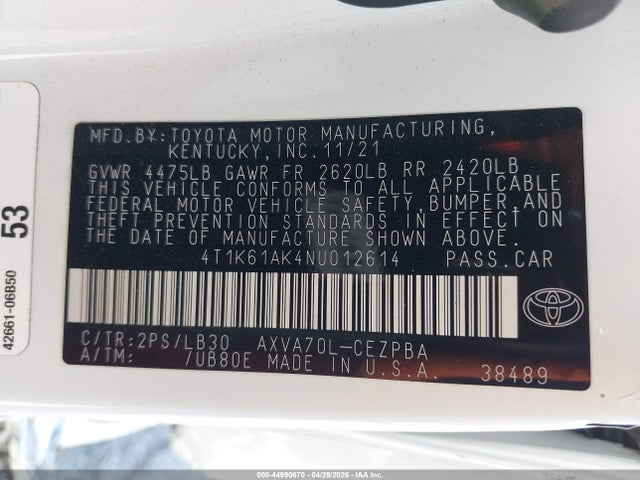 4T1K61AK4NU012614 Toyota CAMRY XSE
