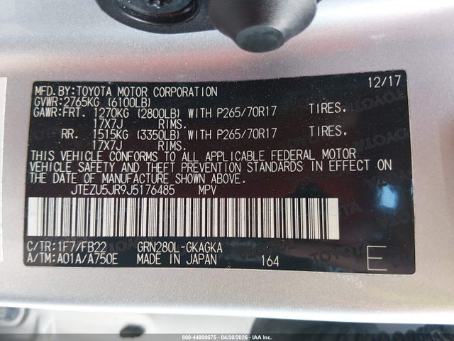 Aukcja sprzedaży 2018 Toyota 4runner Sr5, vin: JTEZU5JR9J5176485, numer aukcji: 44990675