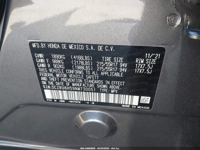 Продажа на аукционе авто 2022 Honda Hr-v Awd Ex, vin: 3CZRU6H59NM730051, номер лота: 44990680