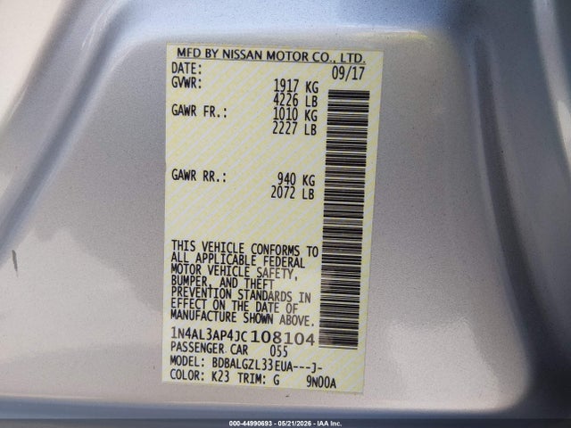 44990693 :رقم المزاد ، 1N4AL3AP4JC108104 vin ، 2018 Nissan Altima 2.5 S مزاد بيع