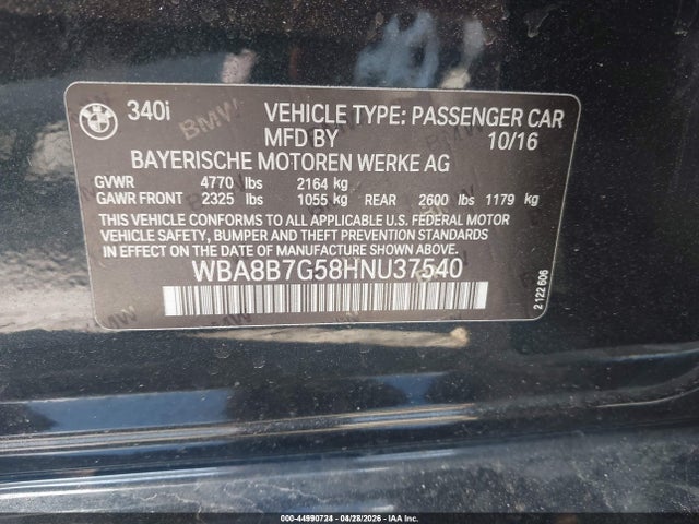 Aukcja sprzedaży 2017 Bmw 340i Xdrive, vin: WBA8B7G58HNU37540, numer aukcji: 44990724