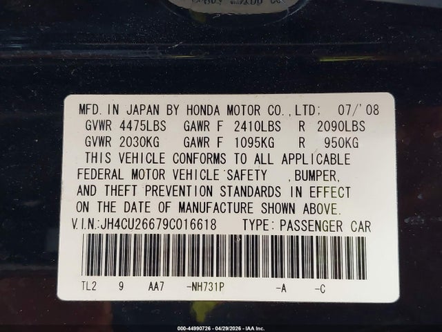 44990726 :رقم المزاد ، JH4CU26679C016618 vin ، 2009 Acura Tsx مزاد بيع