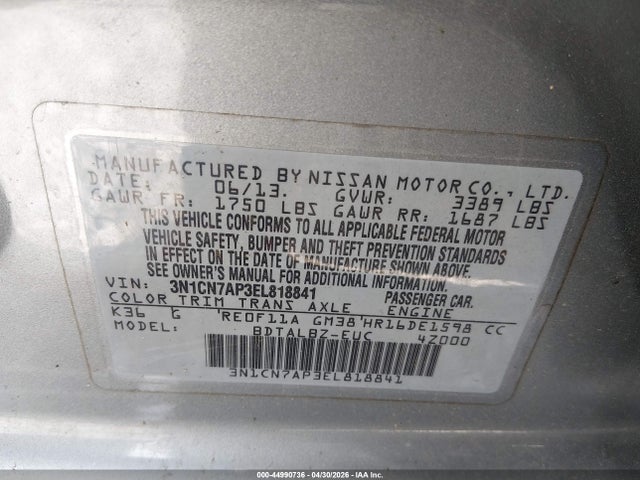 2014 Nissan Versa 1.6 Sv მანქანა იყიდება აუქციონზე, vin: 3N1CN7AP3EL818841, აუქციონის ნომერი: 44990736