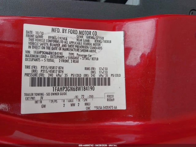 Aukcja sprzedaży 2011 Ford Focus Ses, vin: 1FAHP3GN6BW184190, numer aukcji: 44990742