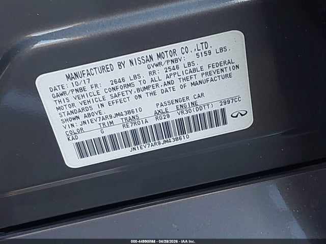 44990744 :رقم المزاد ، JN1EV7AR9JM438610 vin ، 2018 Infiniti Q50 3.0t Luxe مزاد بيع