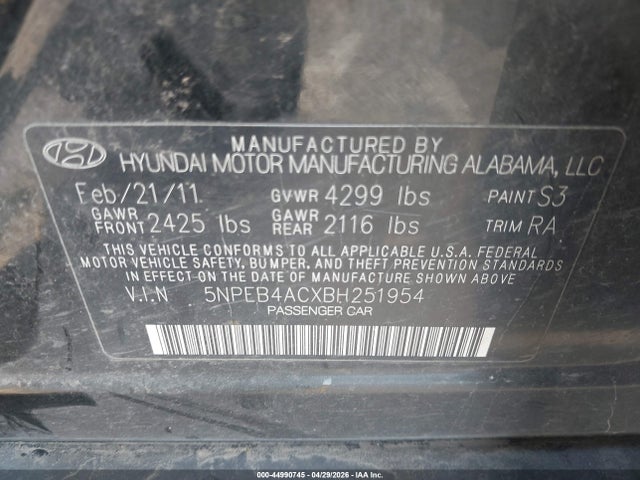 2011 Hyundai Sonata Gls მანქანა იყიდება აუქციონზე, vin: 5NPEB4ACXBH251954, აუქციონის ნომერი: 44990745