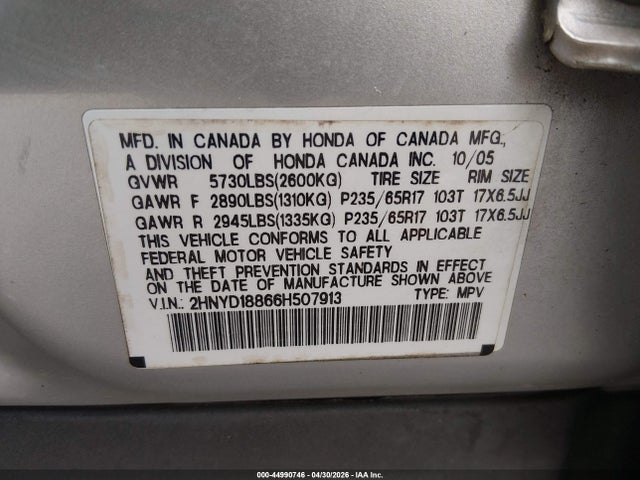2006 Acura Mdx მანქანა იყიდება აუქციონზე, vin: 2HNYD18866H507913, აუქციონის ნომერი: 44990746