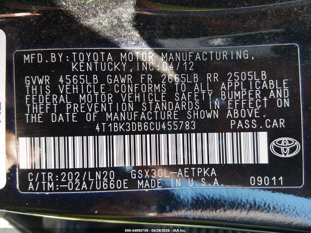Продаж на аукціоні авто 2012 Toyota Avalon Limited, vin: 4T1BK3DB6CU455783, номер лоту: 44990759
