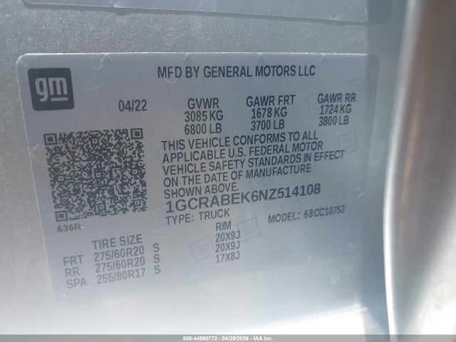 2022 Chevrolet Silverado 1500 2wd  Standard Bed Custom მანქანა იყიდება აუქციონზე, vin: 1GCRABEK6NZ514108, აუქციონის ნომერი: 44990772