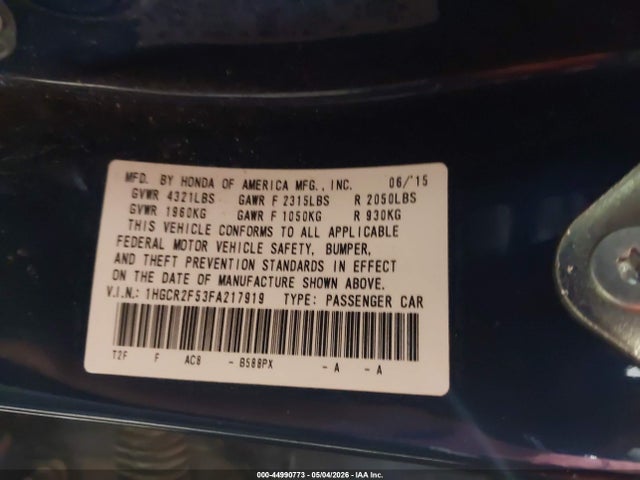 Продаж на аукціоні авто 2015 Honda Accord Sport, vin: 1HGCR2F53FA217919, номер лоту: 44990773