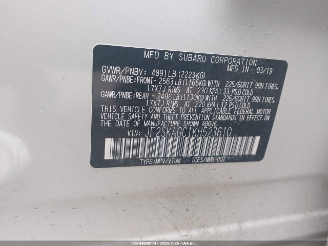 44990774 :رقم المزاد ، JF2SKAGC1KH523610 vin ، 2019 Subaru Forester Premium مزاد بيع