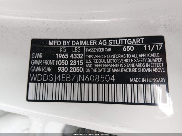 Aukcja sprzedaży 2018 Mercedes-benz Cla 250, vin: WDDSJ4EB7JN608504, numer aukcji: 44990783