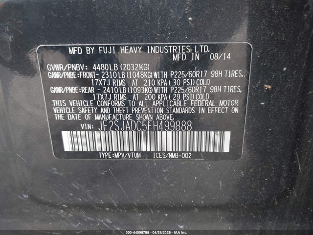 Aukcja sprzedaży 2015 Subaru Forester 2.5i Premium, vin: JF2SJADC5FH499888, numer aukcji: 44990795