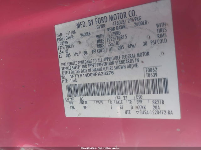 2009 Ford Ranger Xl/xlt მანქანა იყიდება აუქციონზე, vin: 1FTYR14D09PA23276, აუქციონის ნომერი: 44990803