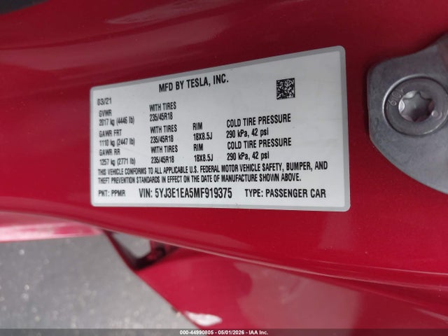 Tesla Model 3 Standard Range Plus Rear-wheel Drive 2021 5YJ3E1EA5MF919375 Image 9