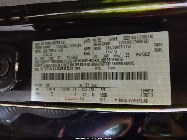 Aukcja sprzedaży 2025 Ford F-150 Xl, vin: 1FTFW1L53SKD41194, numer aukcji: 44990813