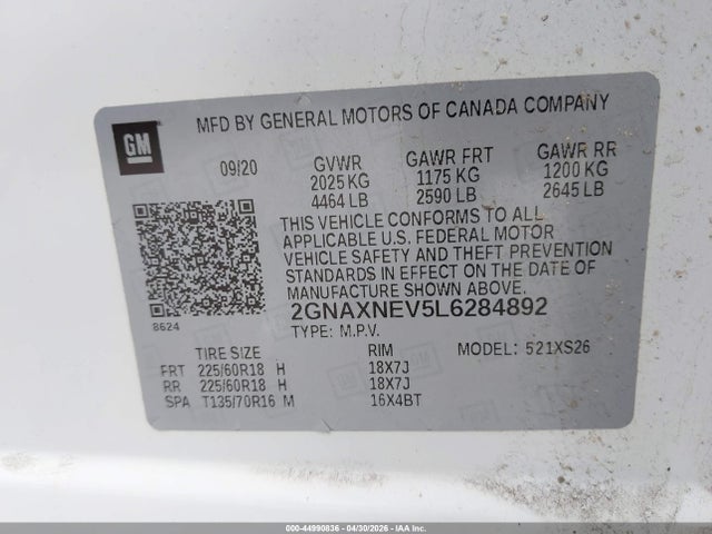 Продаж на аукціоні авто 2020 Chevrolet Equinox Fwd Premier 1.5l Turbo, vin: 2GNAXNEV5L6284892, номер лоту: 44990836