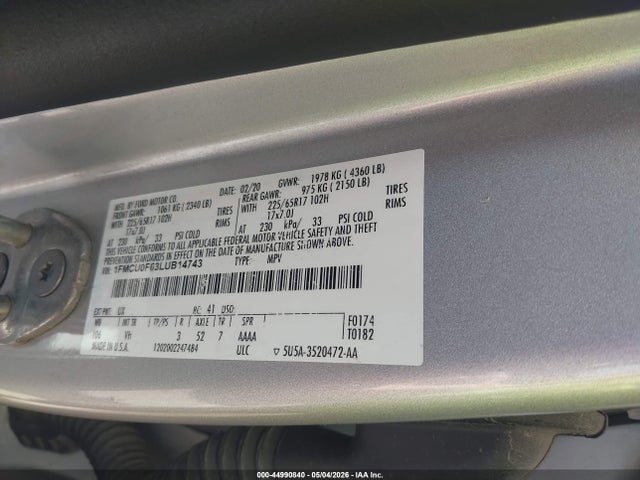 44990840 :رقم المزاد ، 1FMCU0F63LUB14743 vin ، 2020 Ford Escape S مزاد بيع