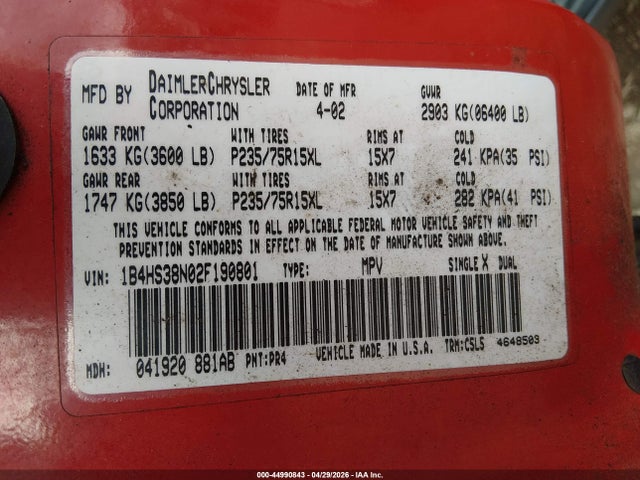 Aukcja sprzedaży 2002 Dodge Durango Sport, vin: 1B4HS38N02F190801, numer aukcji: 44990843