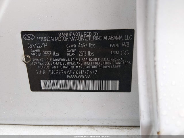 Aukcja sprzedaży 2019 Hyundai Sonata Se, vin: 5NPE24AF6KH770672, numer aukcji: 44990848
