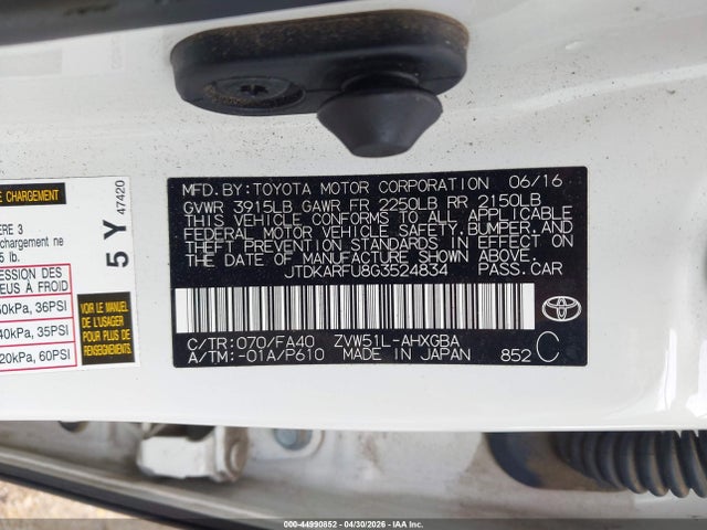 Продажа на аукционе авто 2016 Toyota Prius Three, vin: JTDKARFU8G3524834, номер лота: 44990852