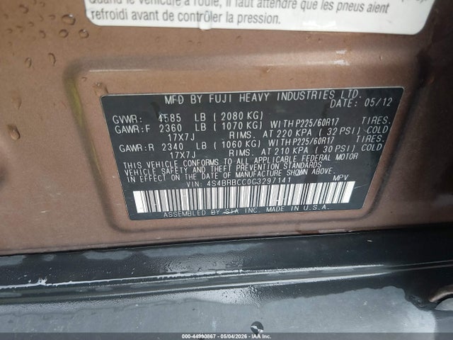 2012 Subaru Outback 2.5i Premium მანქანა იყიდება აუქციონზე, vin: 4S4BRBCC0C3297141, აუქციონის ნომერი: 44990867