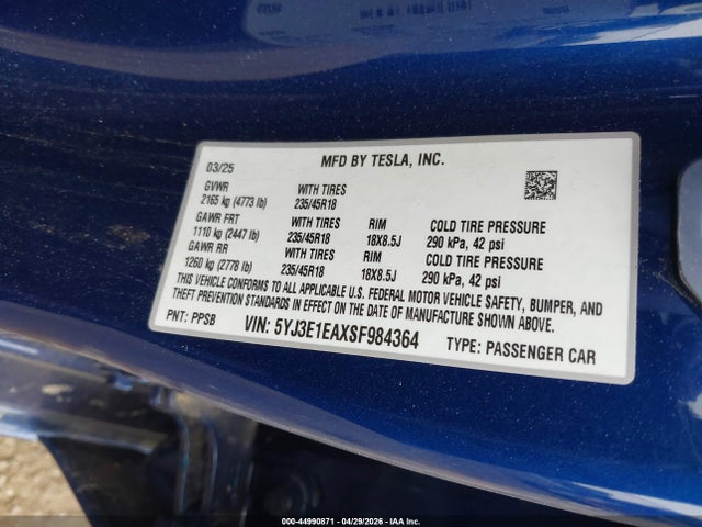 44990871 :رقم المزاد ، 5YJ3E1EAXSF984364 vin ، 2025 Tesla Model 3 Long Range Rear-wheel Drive/standard Rear-wheel Drive مزاد بيع